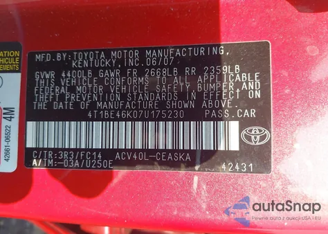 2007 Toyota Camry Ce/Le/Xle/Se from USA, damaged, VIN 4T1BE46K07U175230